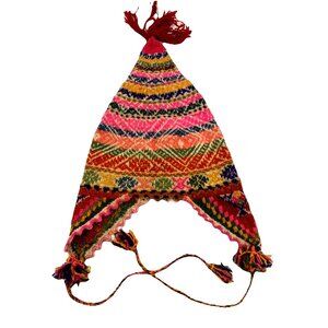 Vintage Antique Chullo Hand Knit Hat Andes Peru C 1900